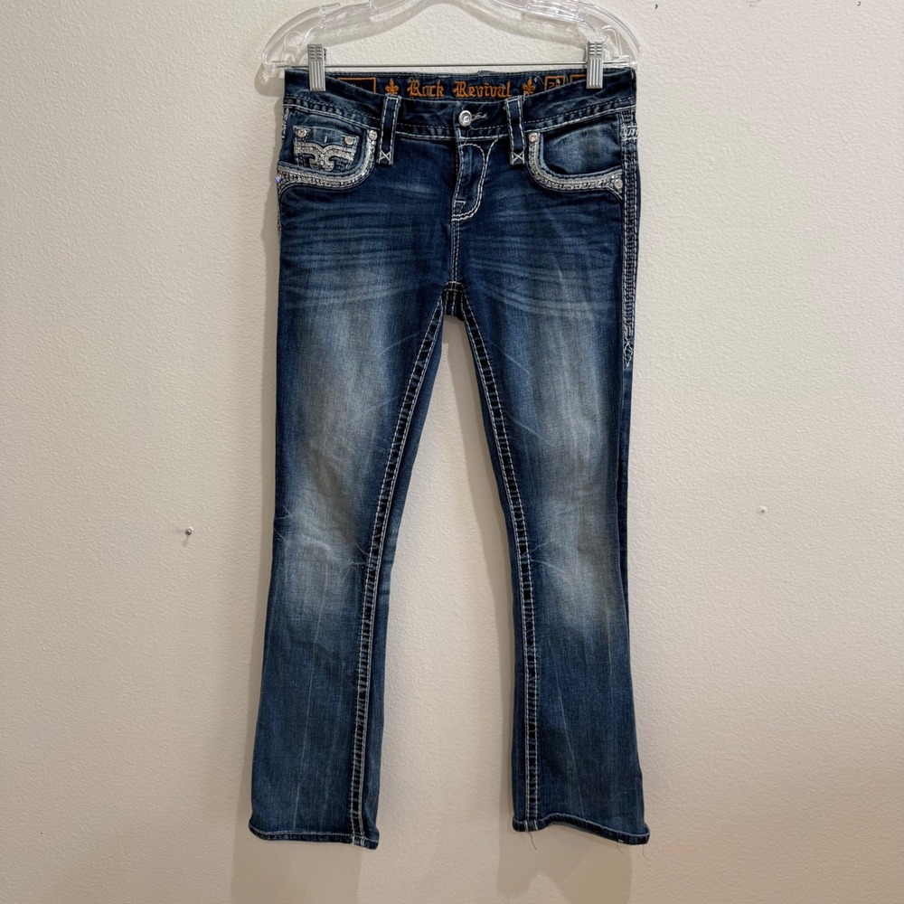 Rock Revival Yui B206 Bootcut Jeans Women 28 Medium Wash Sequin Rhinestone Bling